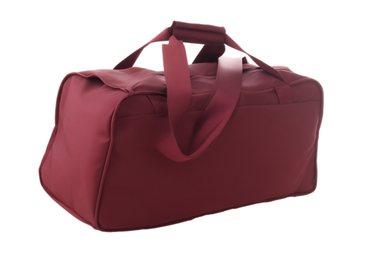 Maroon duffel bag with zipper and handles on transparent background