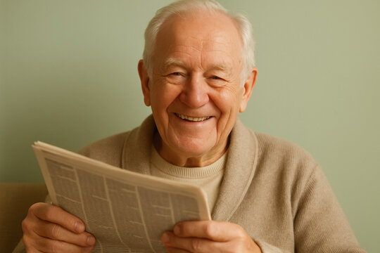 Cheerful elderly man sitting indoors, smiling warmly while reading newspaper, enjoying relaxed morning routine and leisure time