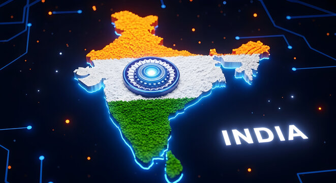 India's vibrant digital landscape and technological advancement represented in a stunning 3D map with glowing connections and national flag colors.