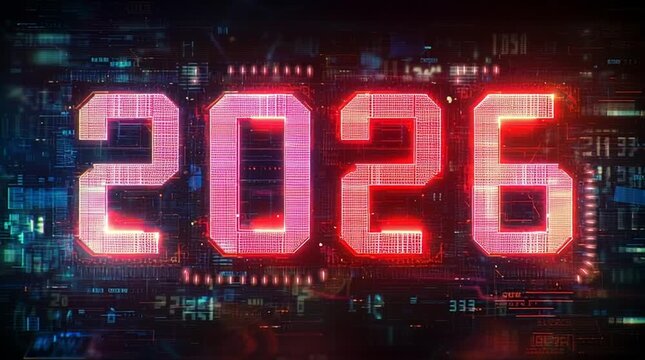 Illuminated year two thousand twenty six on a futuristic digital circuit background design element