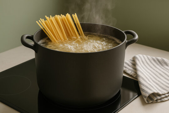 raw spaghetti noodles boiling in hot water inside black pot on modern induction stove with steam rising in kitchen - Powered by Adobe