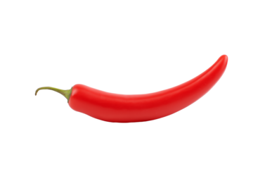 Single vibrant red chili pepper with green stem on transparent background