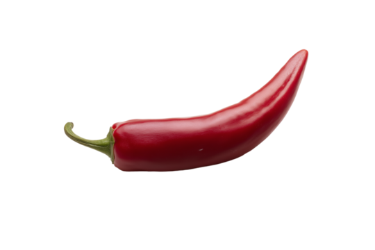 Single vibrant red chili pepper with green stem on transparent background