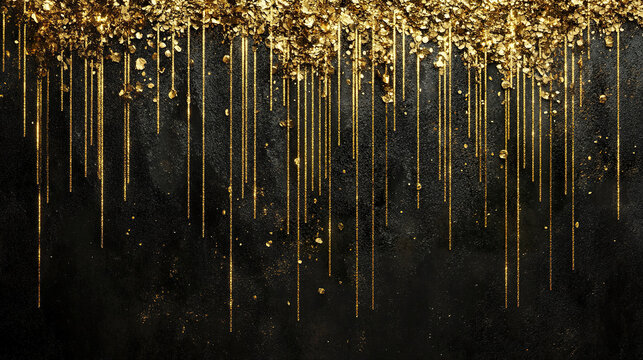 Golden glitter drips elegantly over refined black background, creating luxurious and festive atmosphere with sparkling gold particles cascading downward in vertical lines
