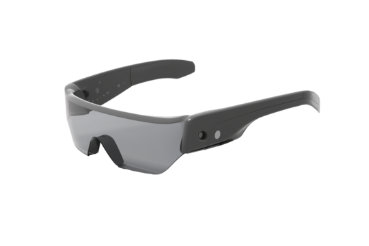 Sleek black augmented reality glasses with transparent lenses on transparent background