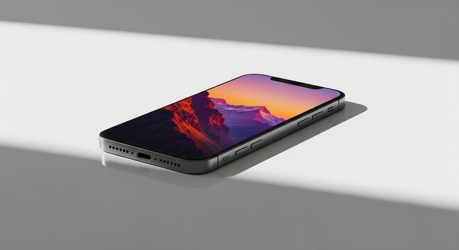 Modern smartphone with a scenic mountain sunset wallpaper, lying on a white surface with dramatic sunlight and shadows.