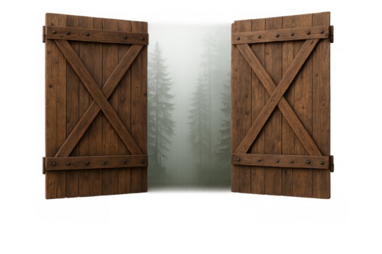 Wooden barn doors opening to a foggy forest with pine trees, revealing a mysterious path and new opportunities
