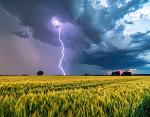 Lightning strikes gold field under stormy, cloudy skies