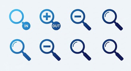 A collection of blue magnifying glass icons representing search, zoom in, and zoom out functions.