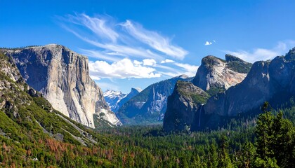 Panoramic View of Yosemite Valley with El Capitan and Half Dome Under a Blue Sky.