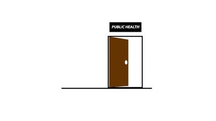 Simple wall with wooden door opening to white screen."Public Health" text or word displayed above a steel door on a white wall. A reference to community well-being, healthcare, and disease prevention