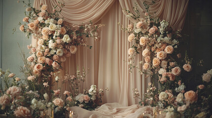 Romantic blush pink wedding backdrop featuring floral arrangements with roses and delicate blossoms, soft draped fabric creating elegant and dreamy atmosphere for special occasions