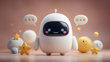 Virtual AI assistant chatbot with smiling face on screen, surrounded by feedback icons and rating stars, cartoon plastic 3D style, isolated on light background jpg