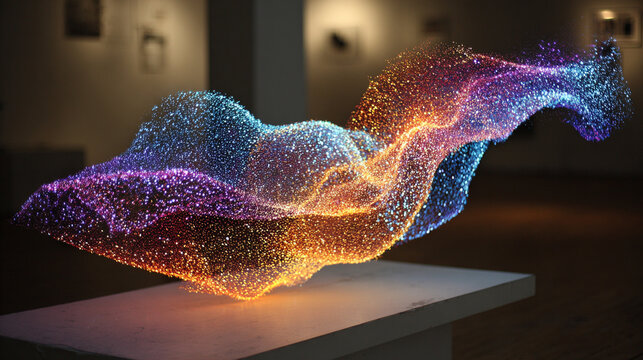 A single holographic particle floats midair, shimmering with layered light and prismatic motion, symbolizing precision, digital purity, and the essence of emerging futuristic energy.
