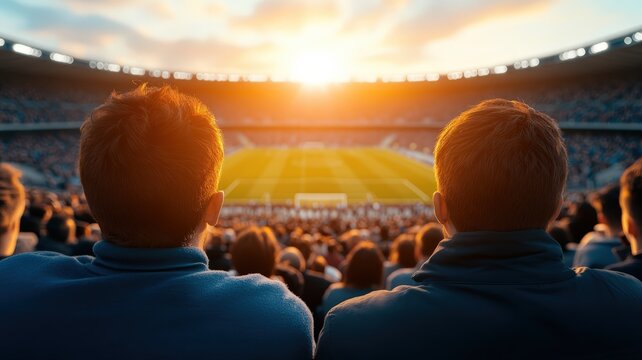 Fans and spectators watching thrilling football match from stadium seats, golden sunset casting vibrant light over pitch, creating exciting atmosphere for major sport competition event.