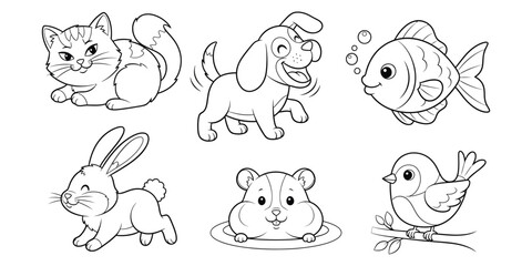 Obraz premium Six cute cartoon animals a cat dog fish rabbit hamster and bird illustration vector