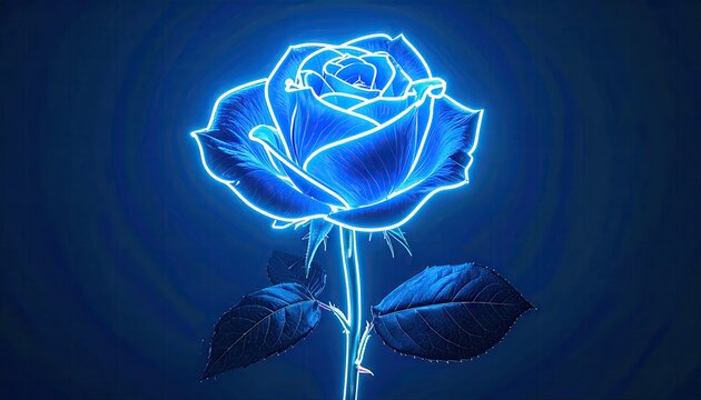 Glowing blue rose with stem and leaves on blue background