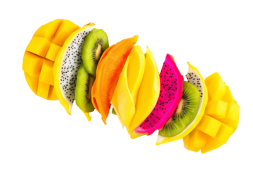 Linear display of vibrant tropical fruits including mango, dragon fruit, kiwi, and papaya on transparent background