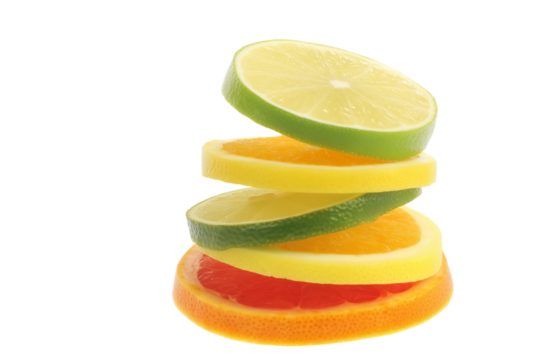 Spiral of citrus fruit slices including oranges, lemons, limes, and grapefruits on transparent background - Powered by Adobe