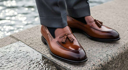 Close-up of a man's stylish brown leather loafers, showcasing elegance and fashion.