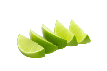 Five lime wedges arranged diagonally on transparent background
