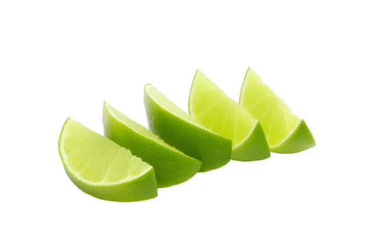 Five lime wedges arranged diagonally on transparent background