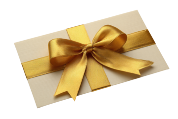 Cream envelope with textured surface tied with a shiny gold ribbon bow card invitation, Png, Isolated on Transparent Background, Cut Out