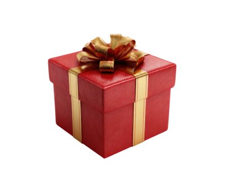 Wrapped red box with golden ribbon, gift isolated on black