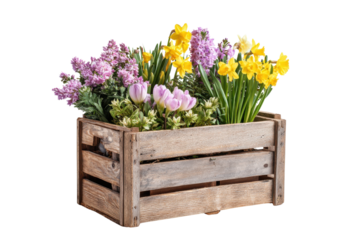 Wooden crate filled with blooming spring flowers daffodils hyacinths tulips image, Png, Isolated on Transparent Background, Cut Out