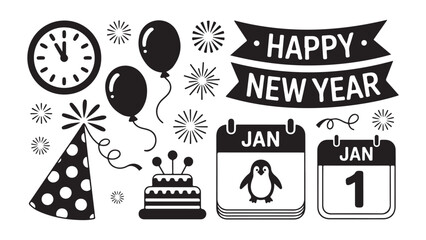 Festive new year celebration icon set featuring holiday elements and celebratory graphics