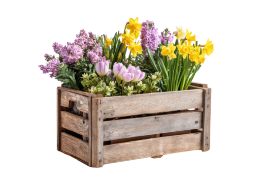 Wooden crate filled with blooming spring flowers daffodils hyacinths tulips image, Png, Isolated on Transparent Background, Cut Out - Powered by Adobe