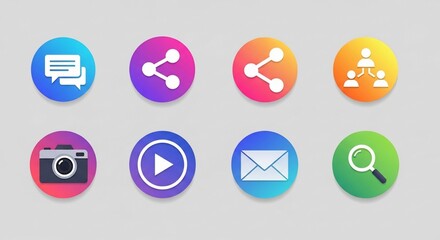 Eight colorful gradient circular icons representing various digital communication, social media, and media functions.