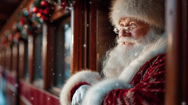Santa claus waving from a train window with christmas lights and a festive red outfit visible nearby