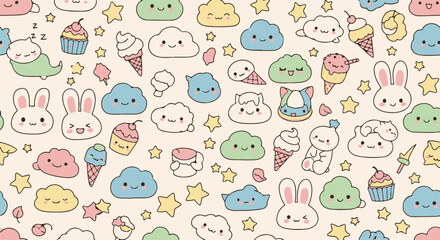 Obraz premium Delightful pastel kawaii character seamless pattern with adorable clouds, bunnies, and sweet treats background