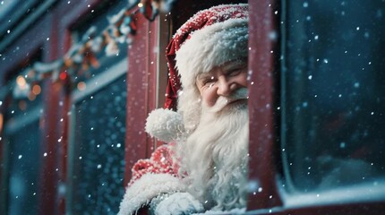 Santa claus waving from a train window with snow falling and christmas lights in the background scene view - Powered by Adobe