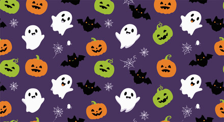 Spooky fun Halloween seamless pattern featuring friendly ghosts, colorful pumpkins, and flying bats on a vibrant purple background