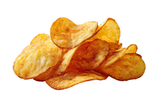 Pile of golden potato chips with visible seasoning against a black background snack food, Png, Isolated on Transparent Background, Cut Out