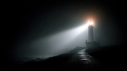 Lighthouse Beam Illuminating Foggy Night Coastal Landscape