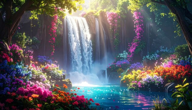 A serene waterfall cascading into a crystal-clear pool, surrounded by vibrant blooms - Powered by Adobe