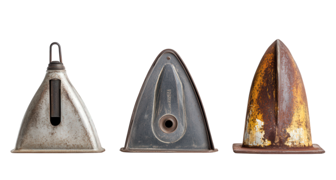 Three vintage sadirons isolated on transparent background, showcasing their unique shapes and historical significance as tools for pressing clothes before modern irons