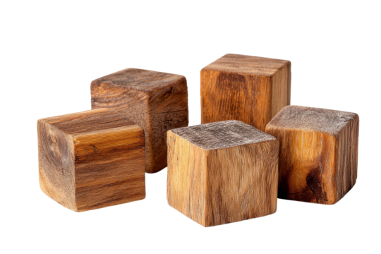 Five rough wooden cubes arranged on a black background block natural, Png, Isolated on Transparent Background, Cut Out