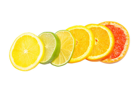 Arrangement of citrus fruit slices including lemons, limes, oranges, and grapefruits on transparent background - Powered by Adobe