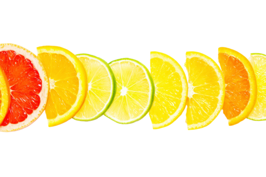Linear sequence of vibrant citrus fruit slices including grapefruit, orange, lemon, and lime on transparent background - Powered by Adobe