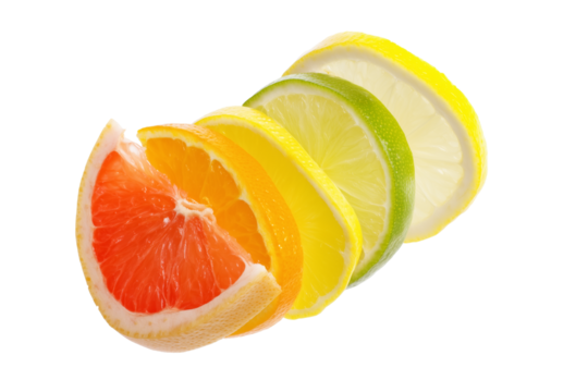Diagonal sequence of citrus fruit slices on transparent background