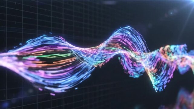 Dynamic wave of luminous particles flowing through a digital grid, representing abstract data visualization and technological interconnectedness with vibrant energy - Powered by Adobe