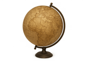 Old style globe showing continents and ocean on a textured surface, representing vintage map, travel, and education. Transparent background