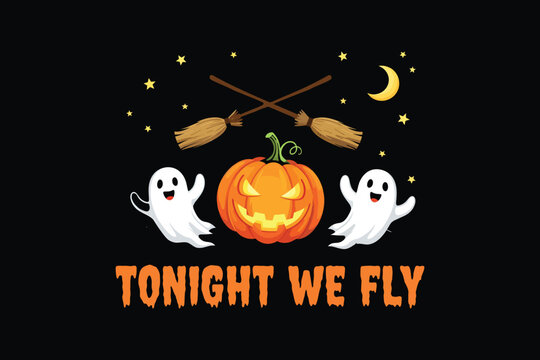 Two happy ghosts and a jack-o-lantern with brooms under a crescent moon and stars halloween