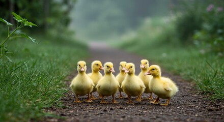 Charming group of ducklings waddling along a path in a misty idyllic landscape nature photography