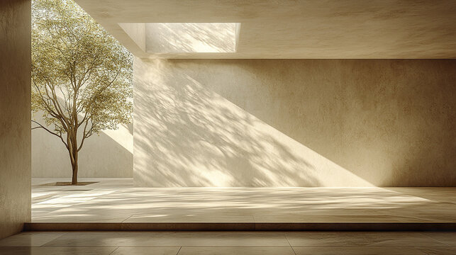 Minimalist empty room with natural light casting tree shadows on smooth beige walls and floor, creating calm and serene atmosphere in modern architectural space