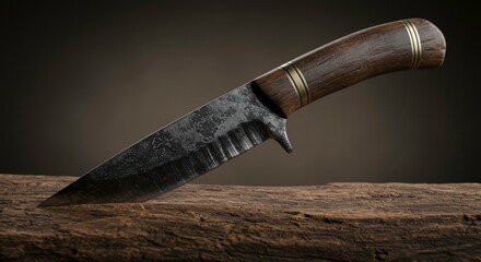 Close-up studio shot of a handcrafted hunting knife showcasing its detailed texture and wooden